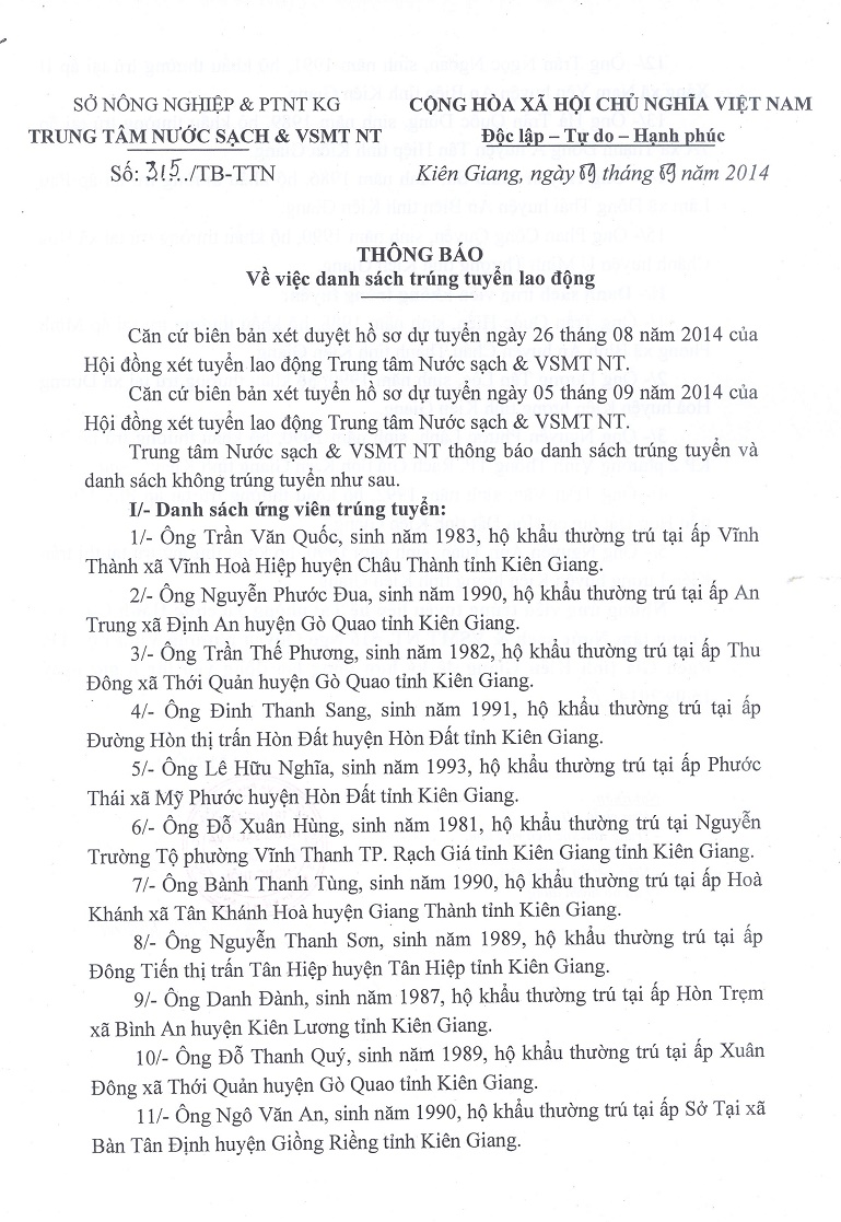 thông báo số 315 ngày 09/09/2014